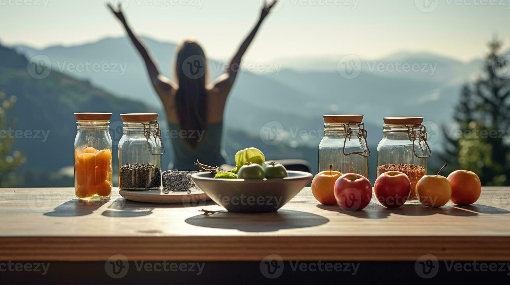 gesund Morgen Mahlzeit, organisch Frühstück, Frau tun Übungen mit Berg Aussicht Hintergrund. generativ ai foto