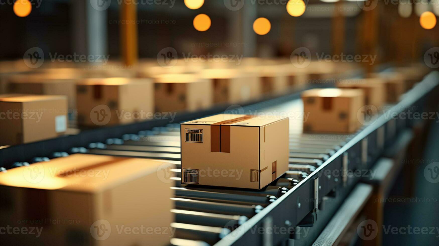 Nahansicht von mehrere Karton Box Pakete einwandfrei ziehen um entlang ein Förderer Gürtel im ein Warenhaus Erfüllung Center, generativ ai foto