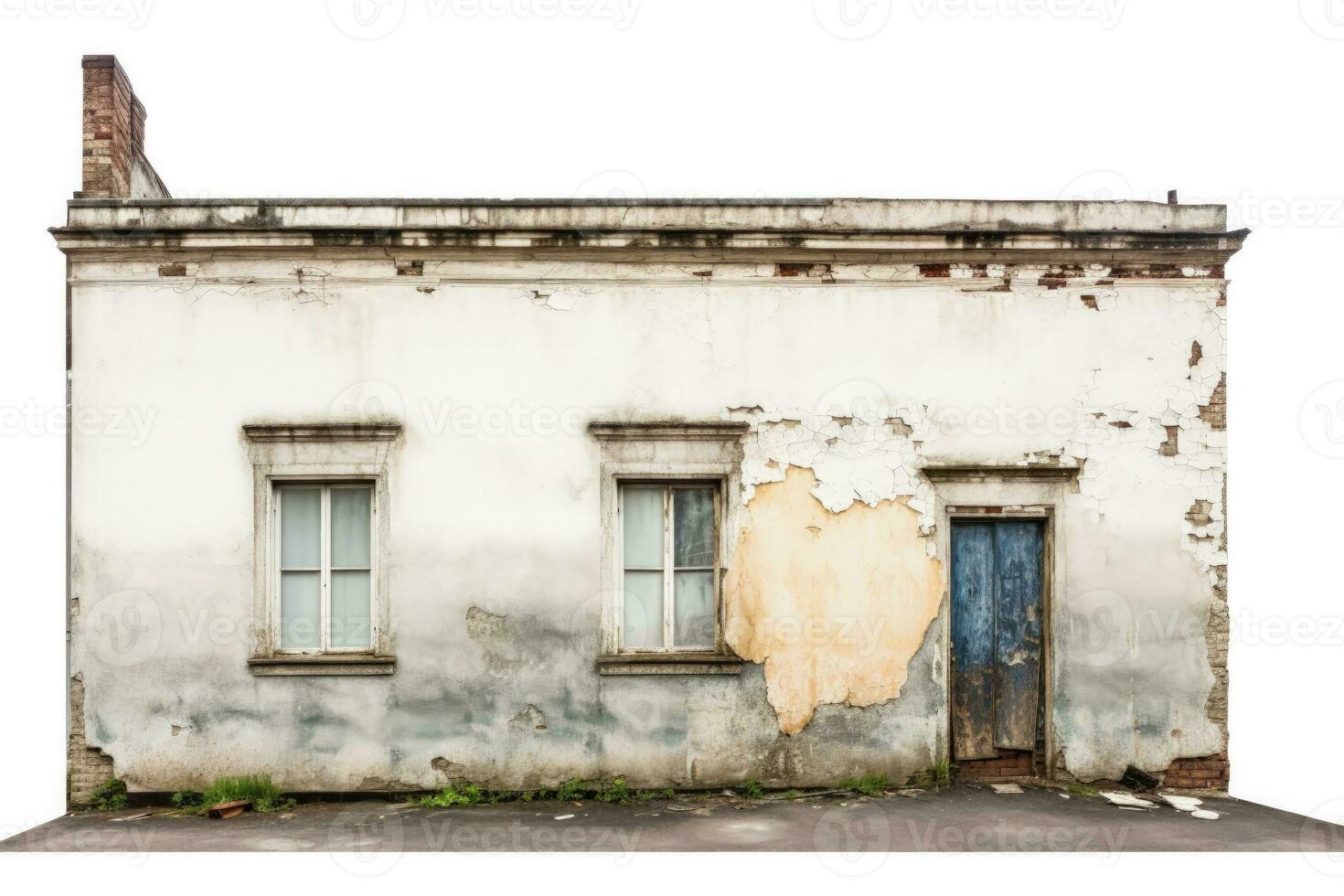 verfallen verlassen Haus Fassade isoliert auf ein Weiß Hintergrund foto