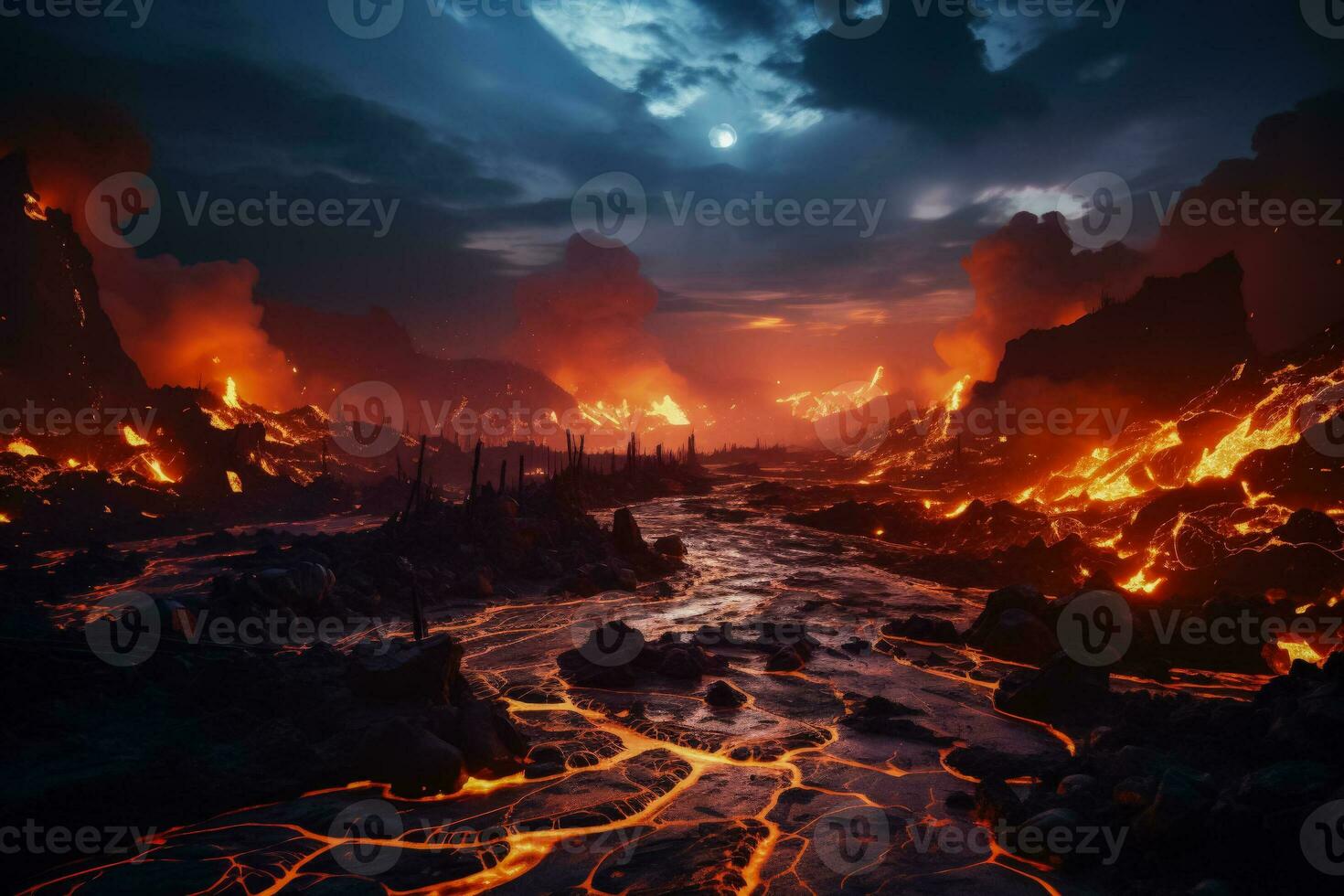 Lava fließt entzünden Nacht Himmel im heftig apokalyptisch vulkanisch Landschaft foto