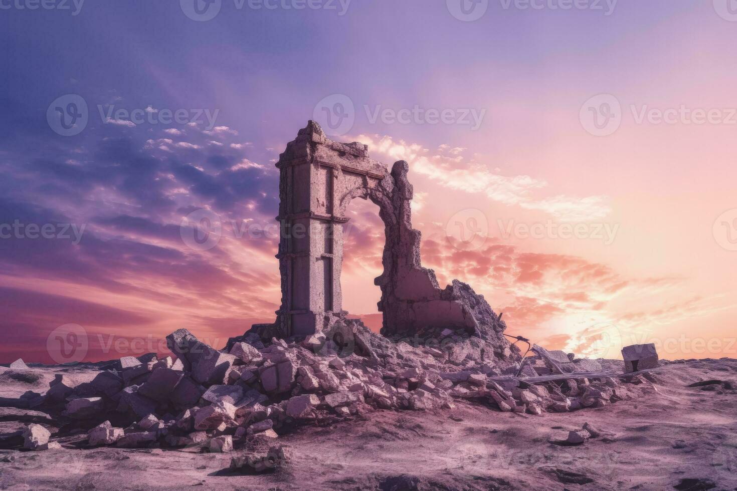 Reste von ein historisch Schloss Post Abriss isoliert auf ein Gradient Sonnenuntergang Hintergrund foto