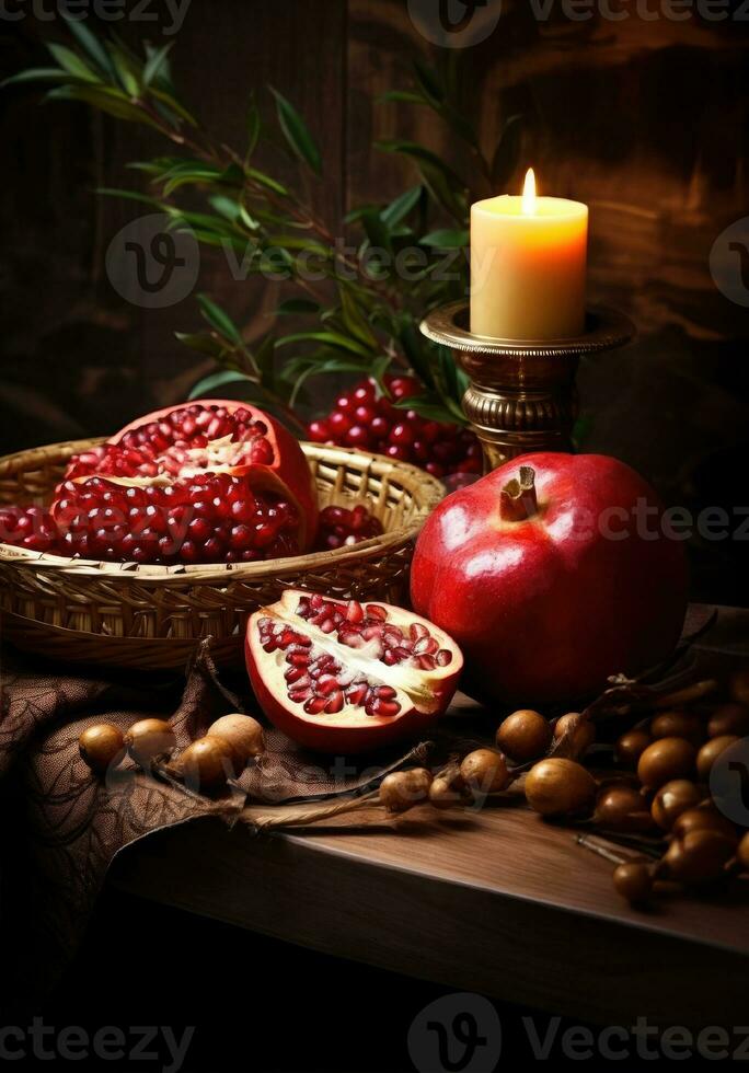 rosh hashanah - - das Konzept von das jüdisch Urlaub von das Neu Jahr. Schüssel von Apfel mit Honig, Granatapfel und Kerzen sind traditionell Symbole von das Urlaub foto