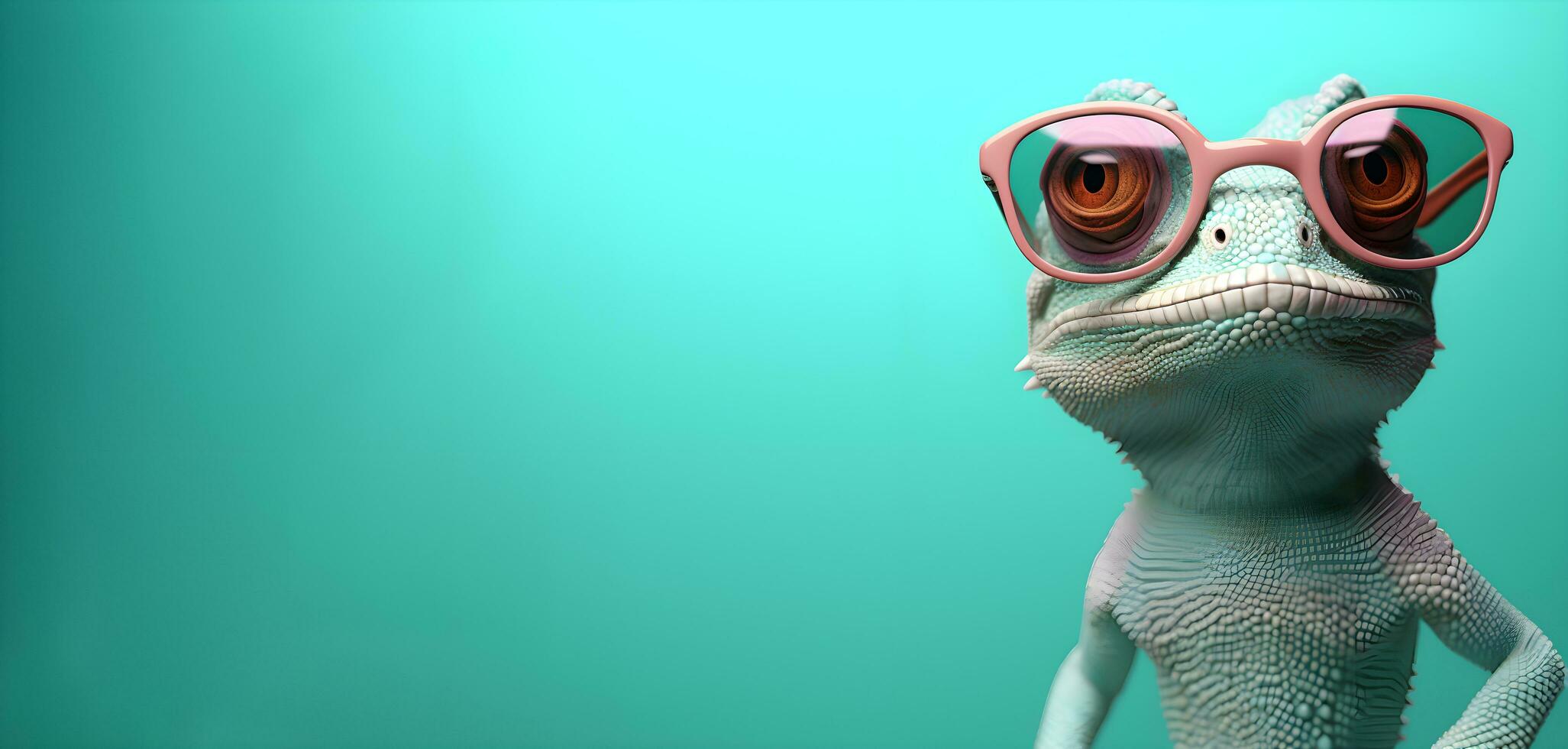 kreativ Tier Konzept. ein Eidechse tragen Brille auf ein Grün Hintergrund, Digital Kunst, facettiert, Kopieren Raum. generativ ai foto