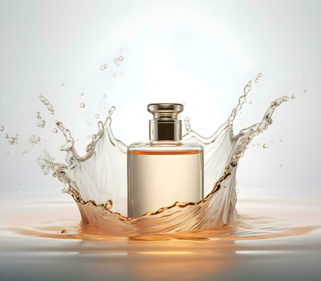 transparent Flasche von Parfüm mit Spritzen auf Licht Hintergrund. generativ ai foto