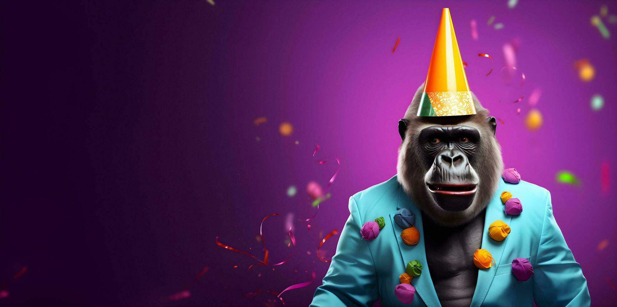 kreativ Tier Konzept. ein Gorilla tragen ein Party Hut und ein Blau passen , Digital Kunst, facettiert, Kopieren Raum. generativ ai foto