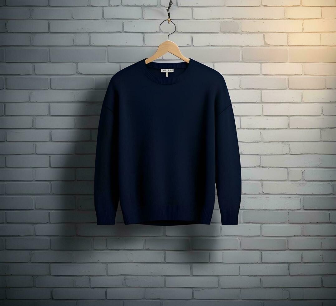 hängend Weiß Sweatshirt Attrappe, Lehrmodell, Simulation mit Backstein Hintergrund ai generieren foto