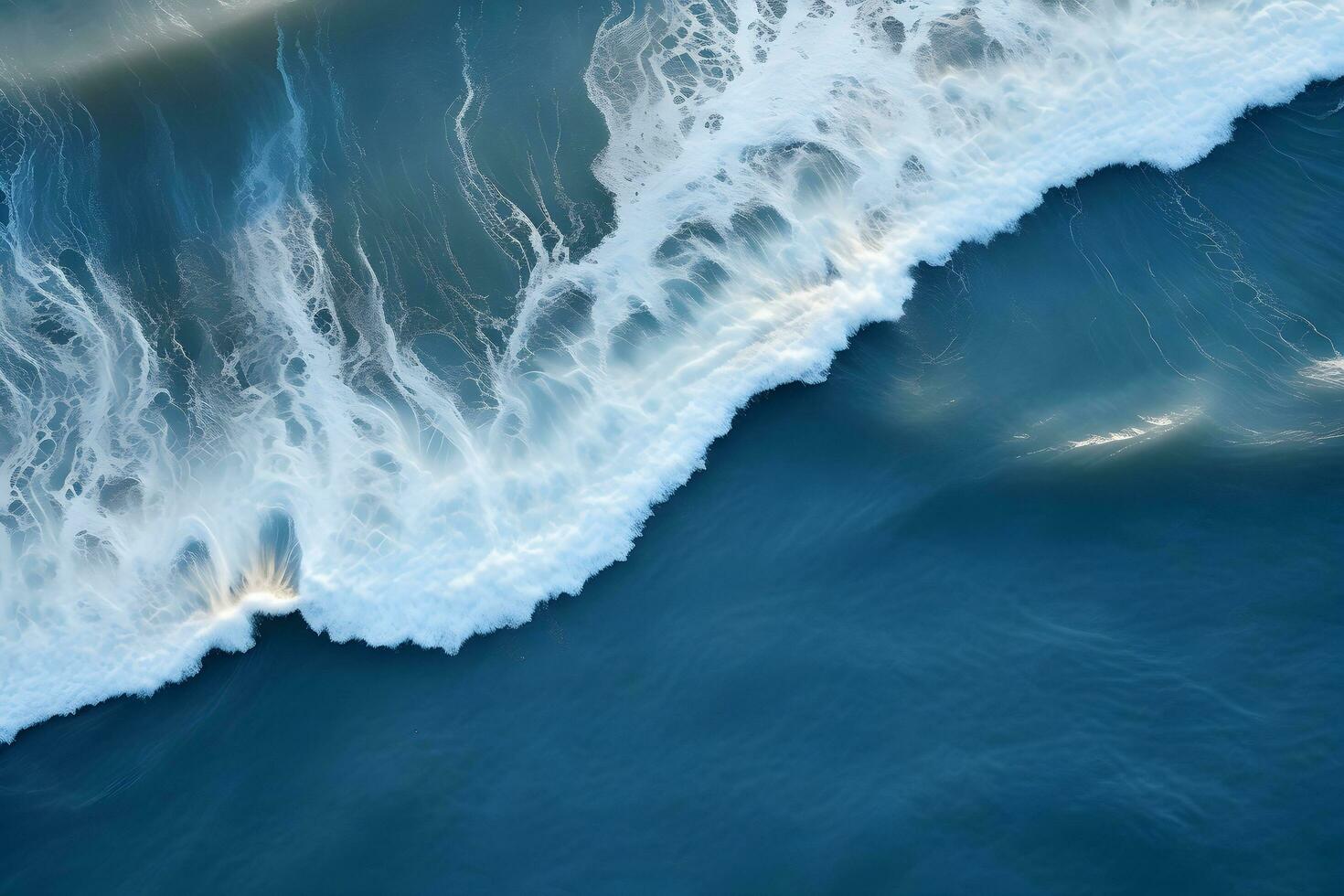 ein Antenne Aussicht von ein Welle brechen auf das ozean.drone Foto Hintergrund von Meer Welle im Vogel Auge Wellen. generativ ai