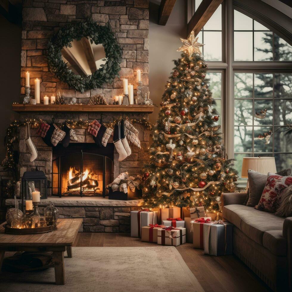 gemütlich Leben Zimmer mit ein dekoriert Baum und eingewickelt Geschenke. foto