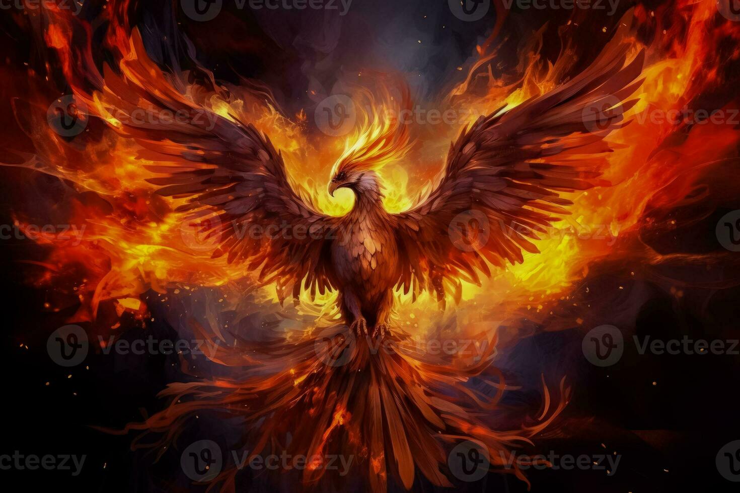 mythisch flammend Phönix Feuervogel Funken und Flammen auf feurig Hintergrund foto