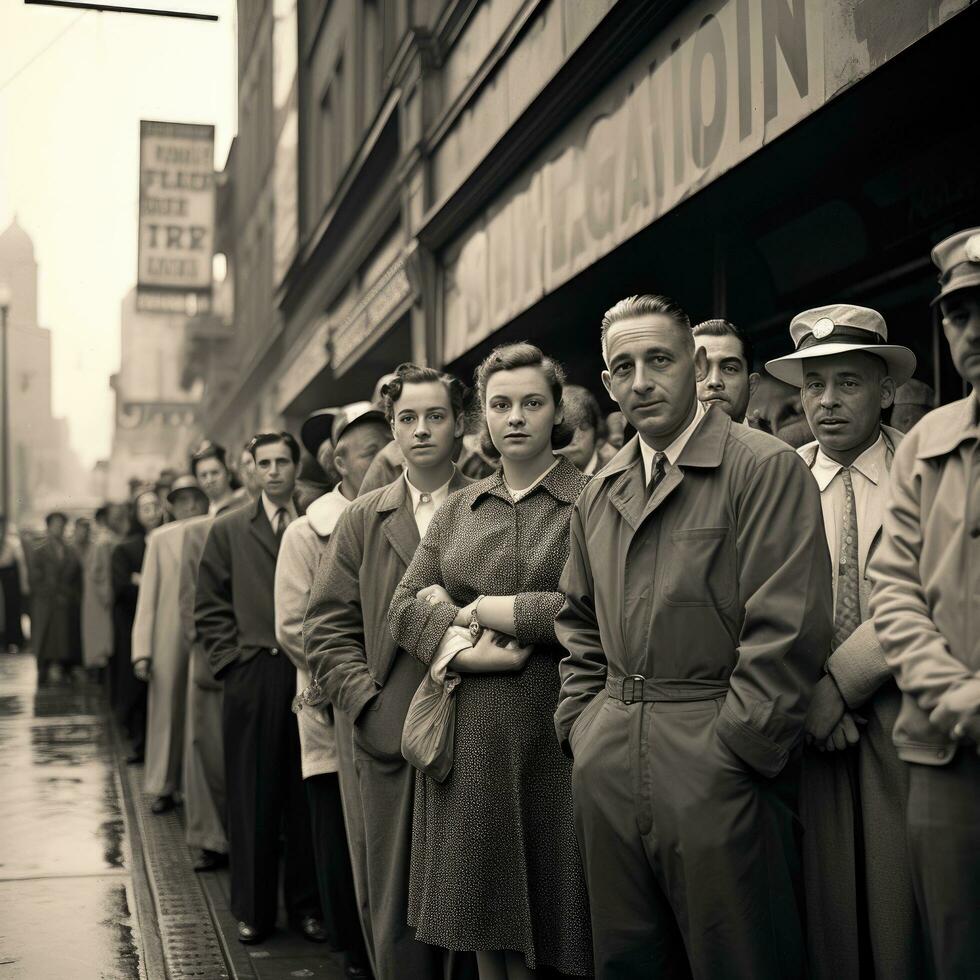 lange Linien von Menschen warten draußen ein Geschäft Vor öffnen foto
