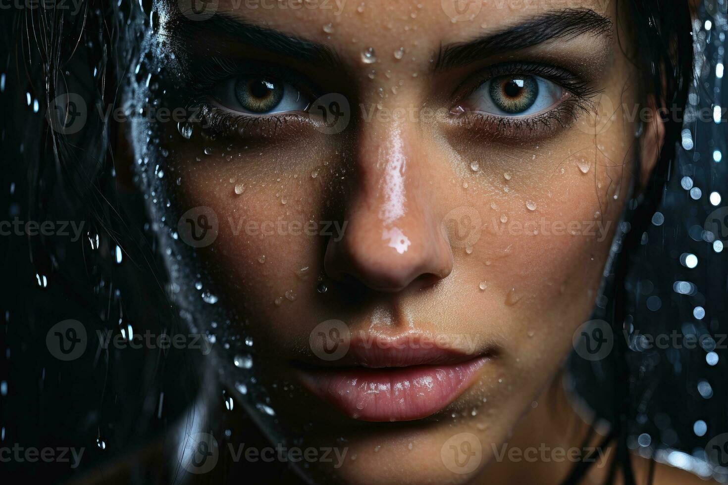 ein nass Gesicht von ein attraktiv Frau schließen oben mit Wasser Drops.ai generativ foto