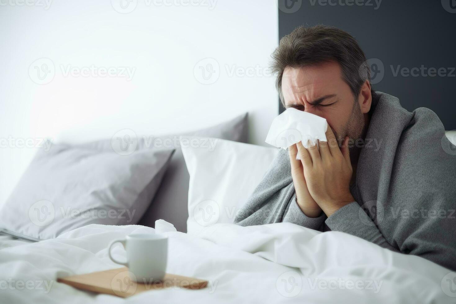 ein Mann mit ein Grippe Lügen im Bett leiden.ai generativ foto