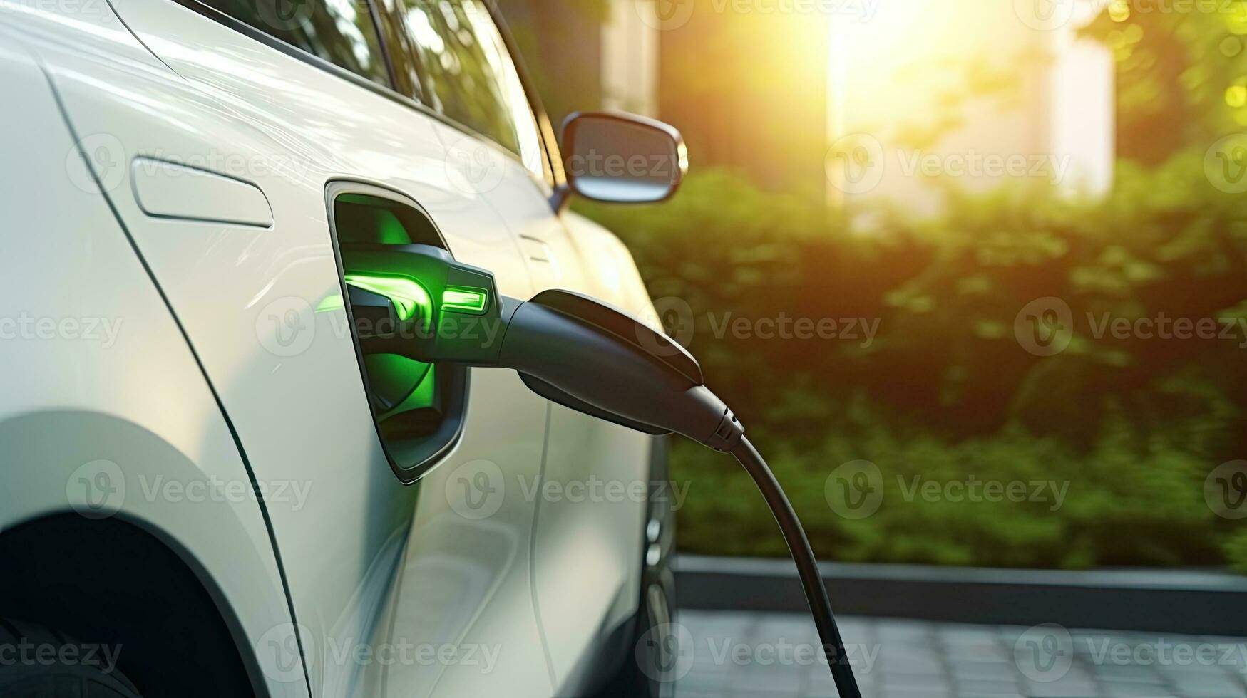 ev Laden Bahnhof zum elektrisch Auto im Konzept von Grün Energie produziert von nachhaltig Quelle zu liefern zu Ladegerät Bahnhof im bestellen zu reduzieren co2 Emission. generativ ai foto