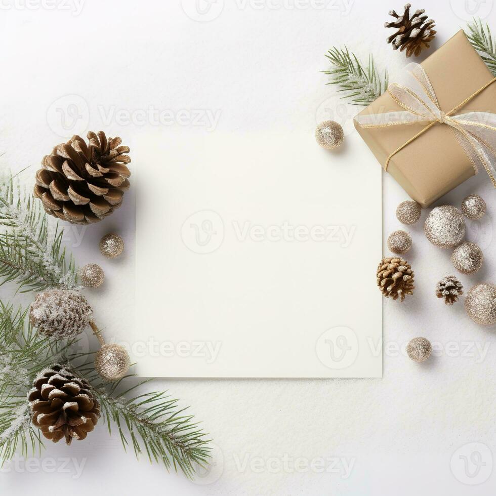 Weihnachten Karte Attrappe, Lehrmodell, Simulation mit Geschenk Kasten, Tanne Geäst, und gemütlich Hintergrund. minimalistisch Stil im Weiß und Beige. generativ ai foto