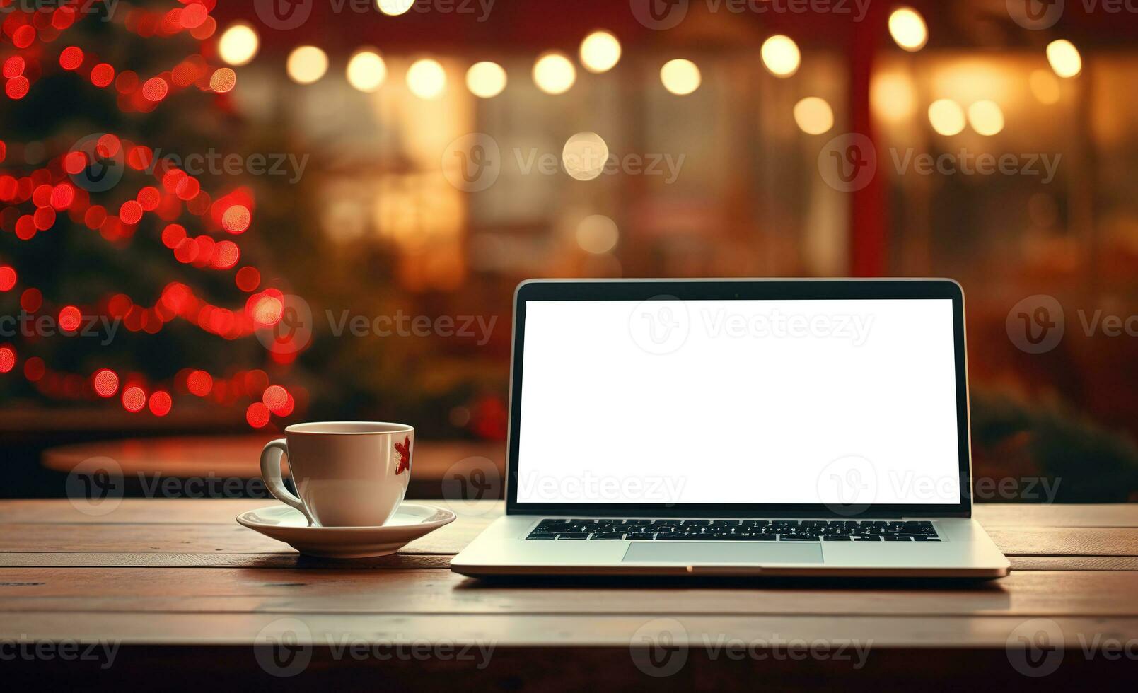 Laptop auf Schreibtisch mit leer Bildschirm, Weihnachten Baum und Geschenke im Hintergrund, Ausschnitt Pfad inbegriffen. festlich Zuhause Büro. generativ ai foto