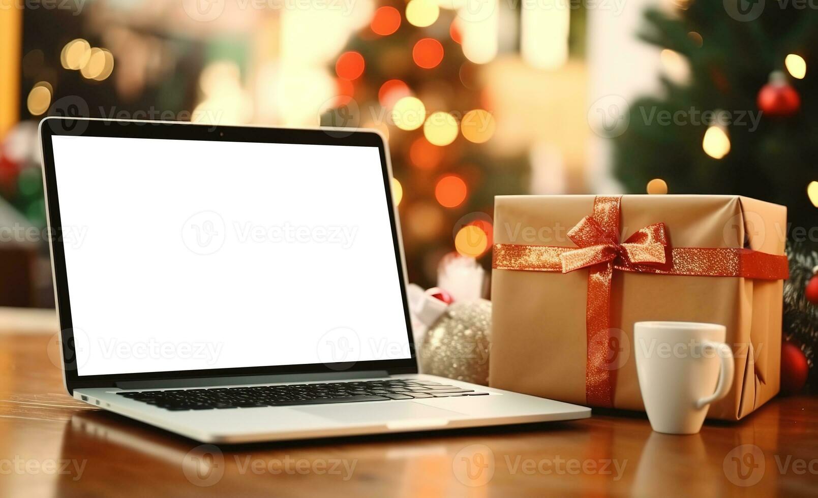 Laptop auf Schreibtisch mit leer Bildschirm, Weihnachten Baum und Geschenke im Hintergrund, Ausschnitt Pfad inbegriffen. festlich Zuhause Büro. generativ ai foto