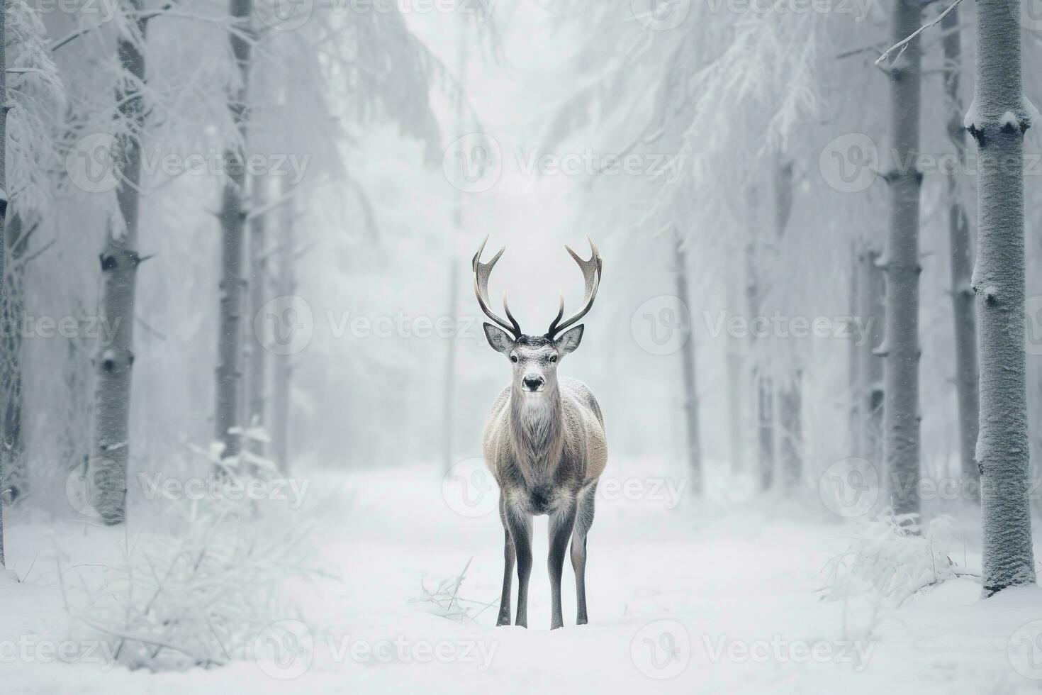 ein Hirsch steht im Vorderseite von ein Schnee bedeckt Feld im ein Winter Wald. generativ ai foto