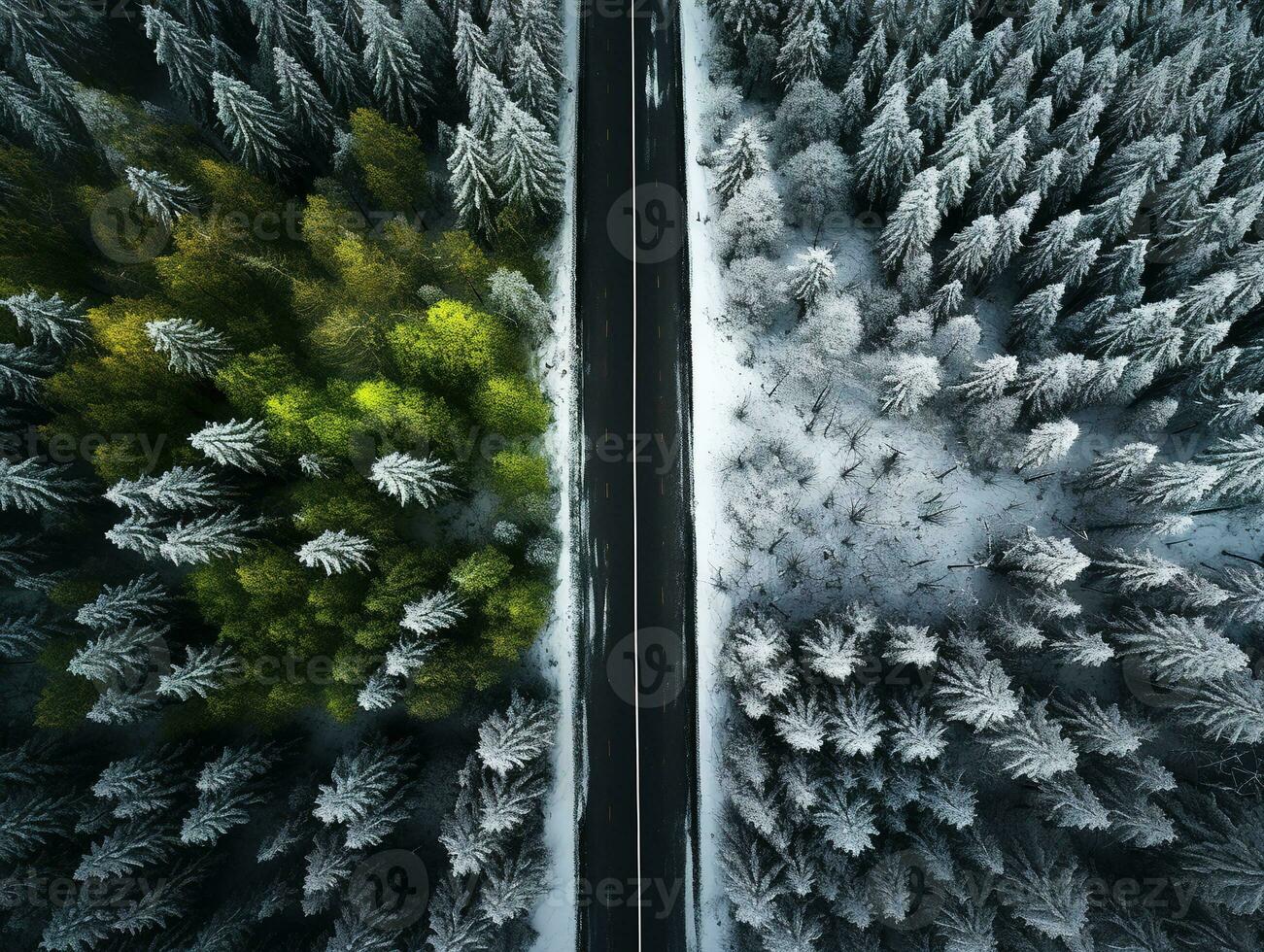 Antenne Aussicht von ein Autobahn Wicklung durch ein Wald im beide Sommer- und Winter Jahreszeiten. generativ ai foto