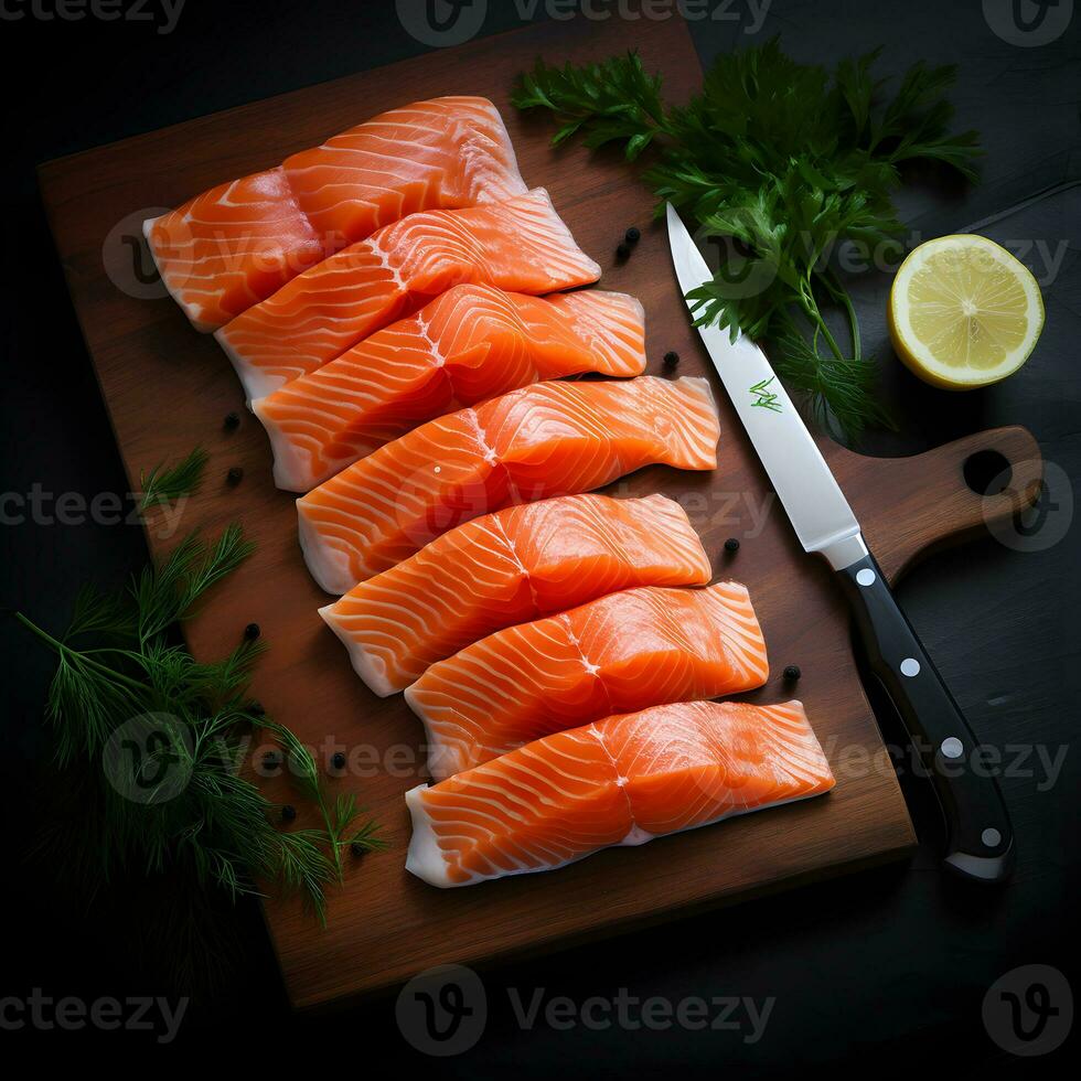 frisch Lachs Scheiben im schließen Nähe zu das Messer auf ein hölzern Tafel auf das dunkel Hintergrund von oben Sicht. ai generativ foto