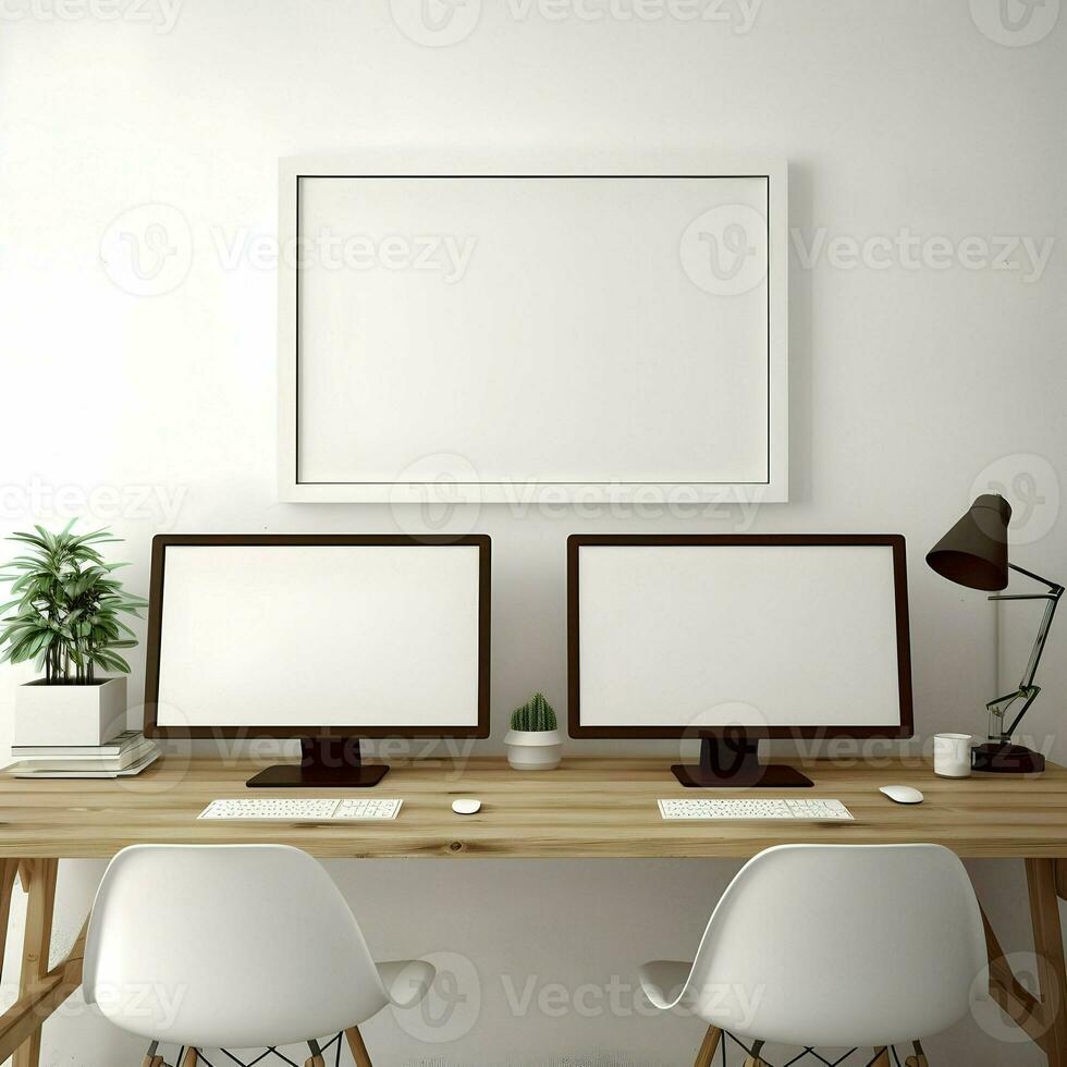 Arbeiten Platz Tabelle zwei Monitor mit leer Rahmen hoch Auflösung. ai generativ foto