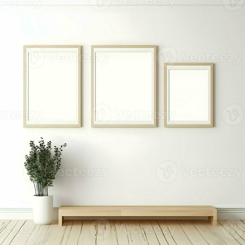 drei Foto leer Bild Frames auf Parkett Fußboden Weiß Mauer. Minimalismus. hoch Auflösung. ai generativ