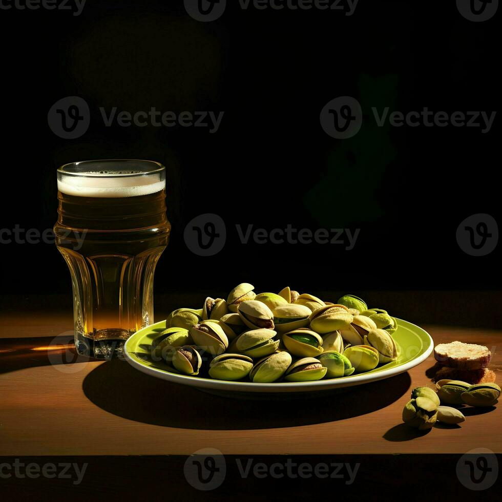 Pistazien auf ein Teller und Bier im das Glas. hoch Auflösung. ai generativ foto