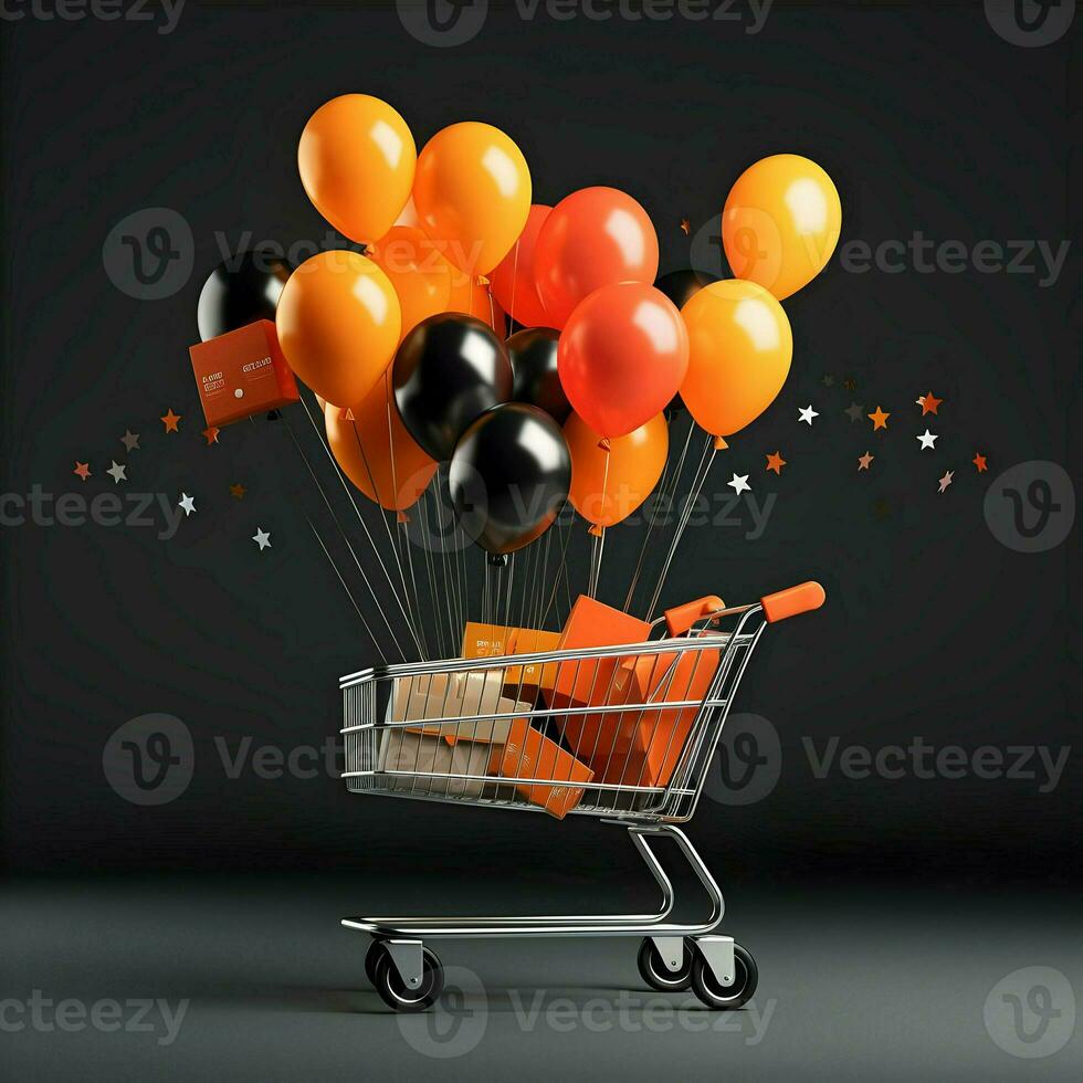schwarz Freitag Poster mit Luftballons und Einkaufen Wagen. hoch Qualität. ai generativ foto