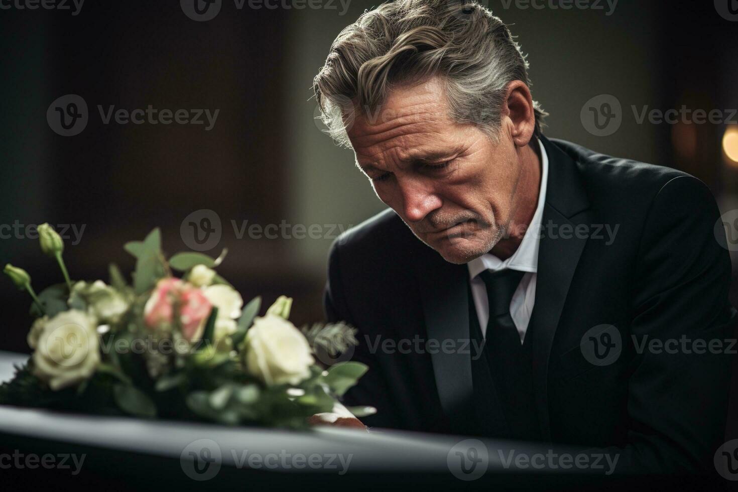 Nahansicht Schuss von ein Senior Mann im Vorderseite von ein Beerdigung Strauß ai generiert foto
