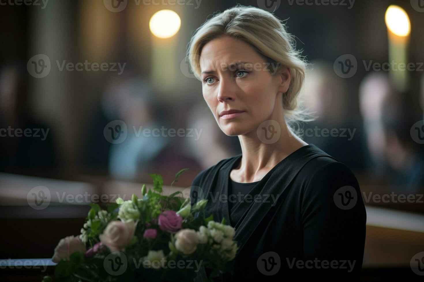 Porträt von ein traurig Frau mit ein Beerdigung Strauß von Blumen ai generiert foto