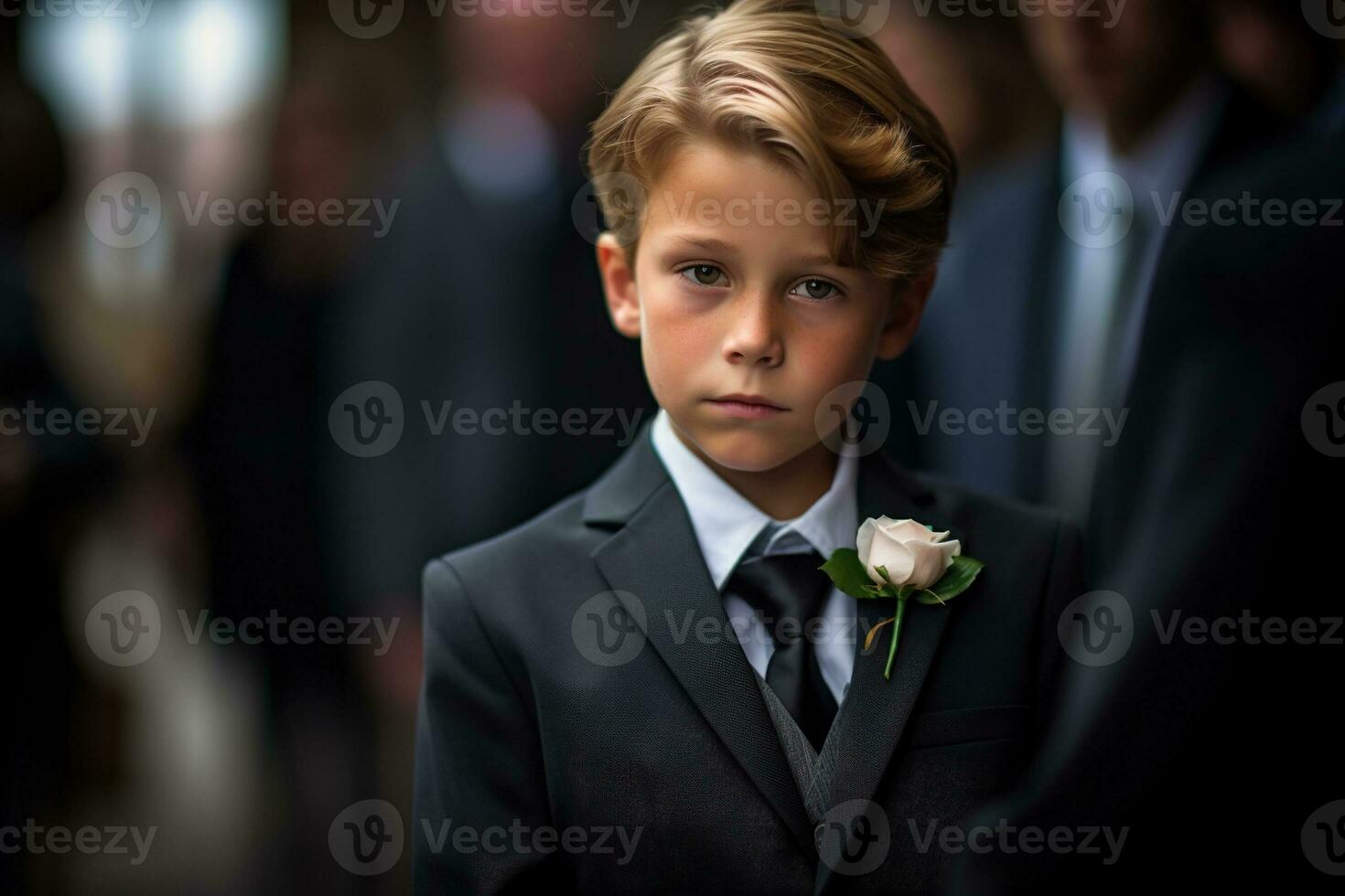 Porträt von ein Junge im ein schwarz passen mit ein Beerdigung Strauß von Blumen ai generiert foto