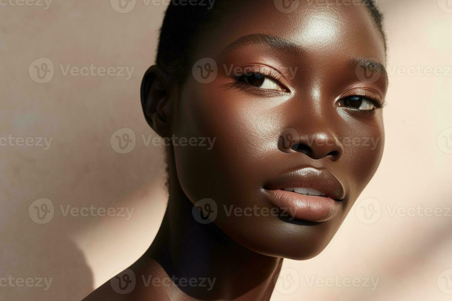 Porträt von ein schön afrikanisch amerikanisch Frau mit dunkel Haut und natürlich bilden ai generiert foto