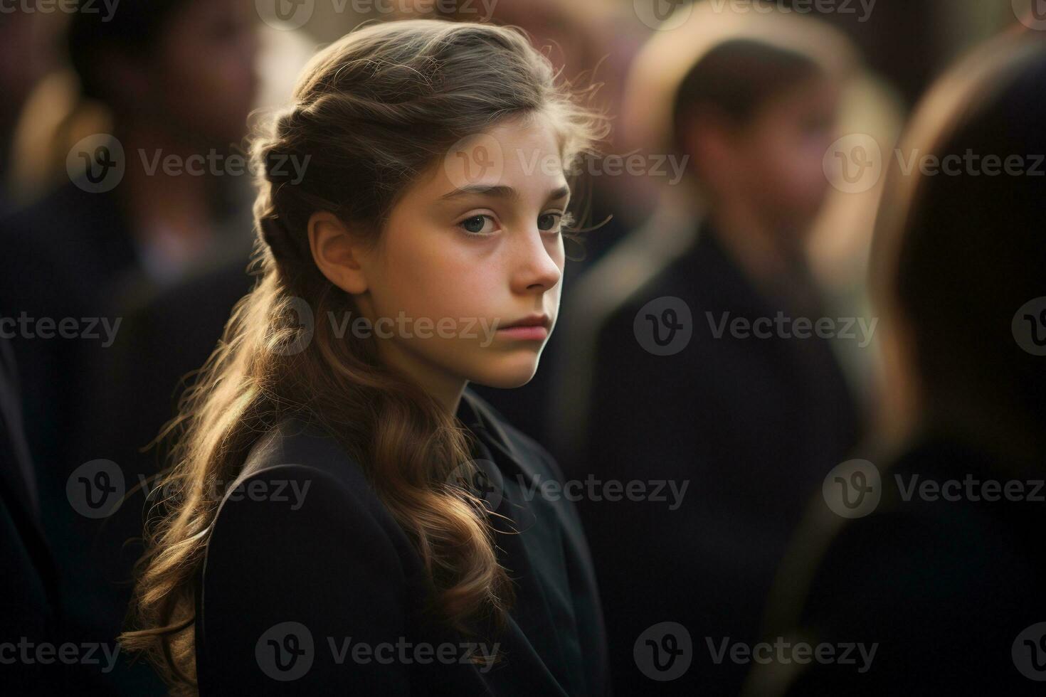 Porträt von ein traurig wenig Mädchen auf das Hintergrund von das Menschenmenge.Beerdigung Konzept ai generiert foto