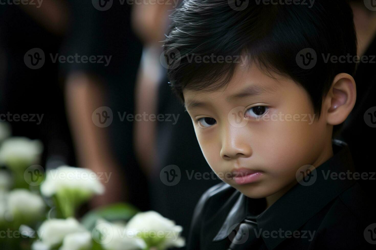 Porträt von wenig asiatisch Junge mit traurig Ausdruck.Beerdigung Konzept ai generiert foto