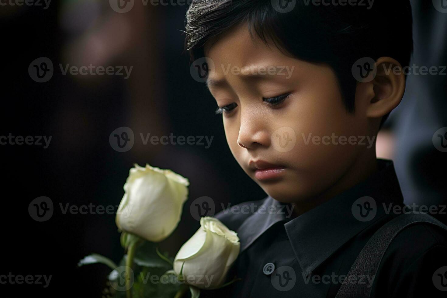 Porträt von wenig asiatisch Junge mit traurig Ausdruck.Beerdigung Konzept ai generiert foto