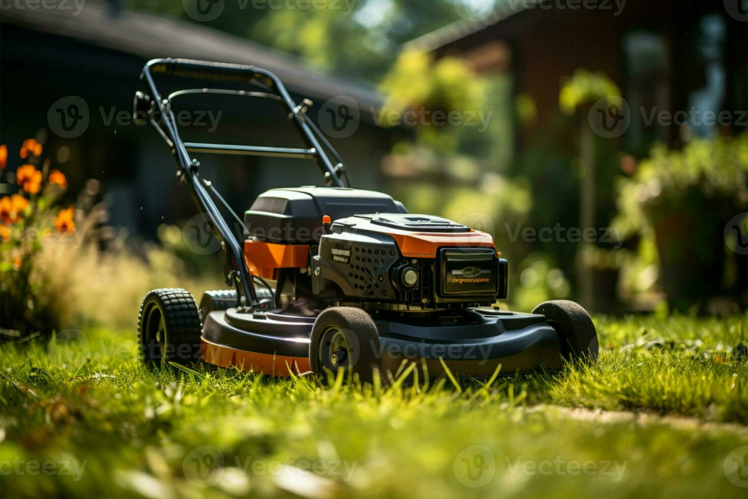 erfahren Gärtner betreibt ein Fachmann Rasen Mäher, Zähmung üppig Gras ai generiert foto