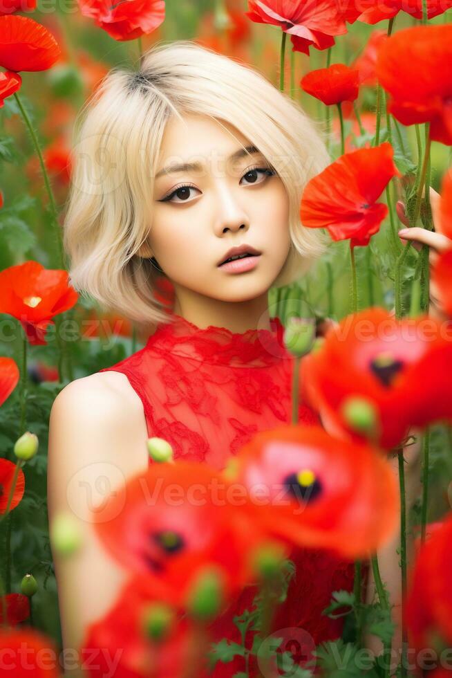 schön asiatisch Mädchen mit blond Haar im Blume Garten ai generativ foto