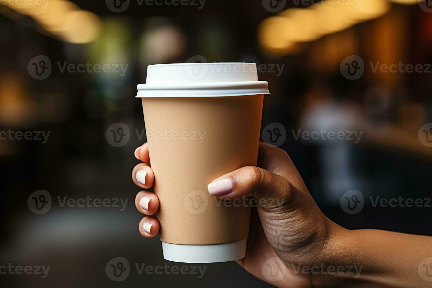 Hand halten ein Papier Kaffee Tasse. ai generiert foto