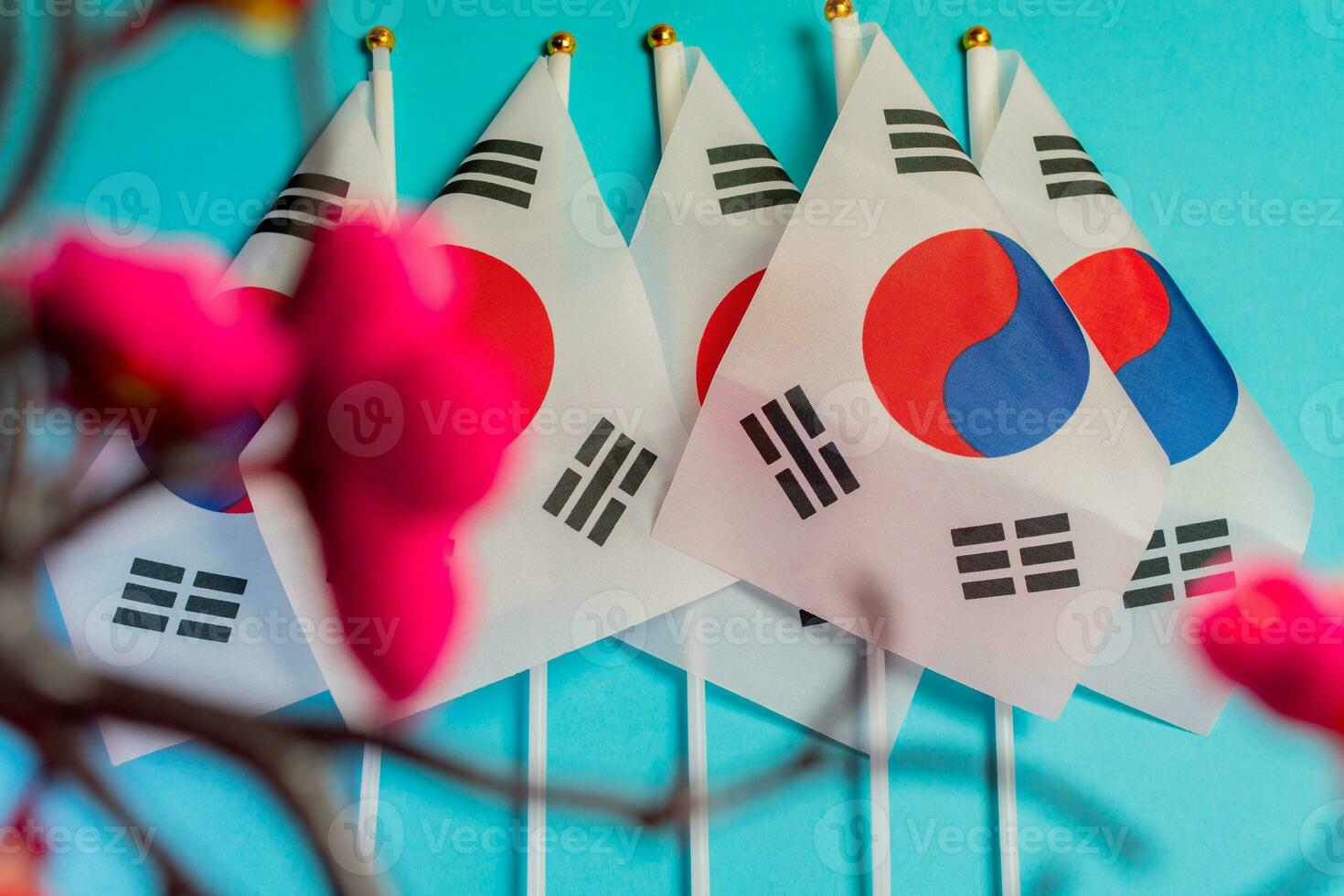 Gruppe von Koreanisch Flaggen auf Licht Blau Hintergrund. foto