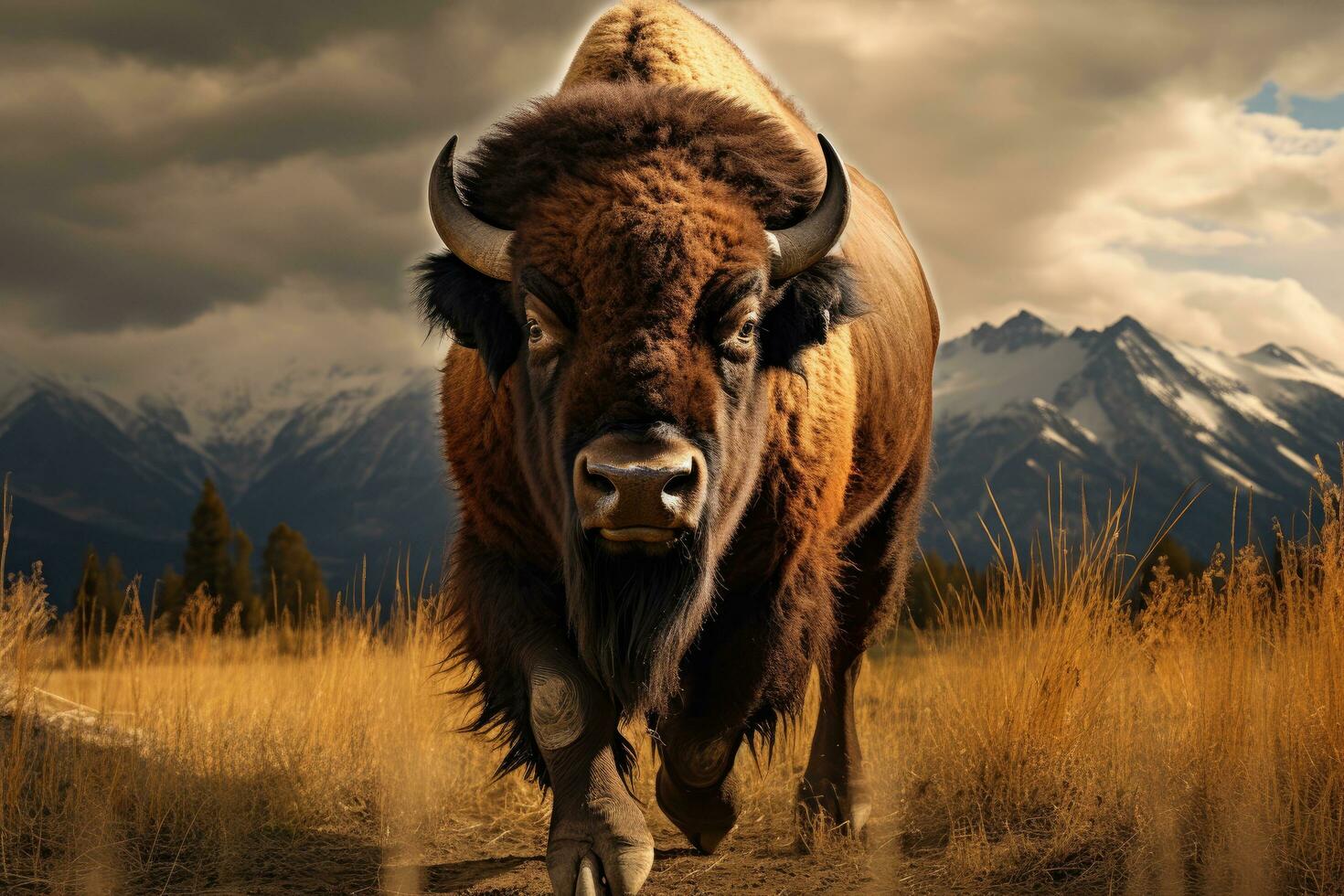 Bison im das hoch Teton National Park, Wyoming, USA, Büffel im das wild, ai generiert foto