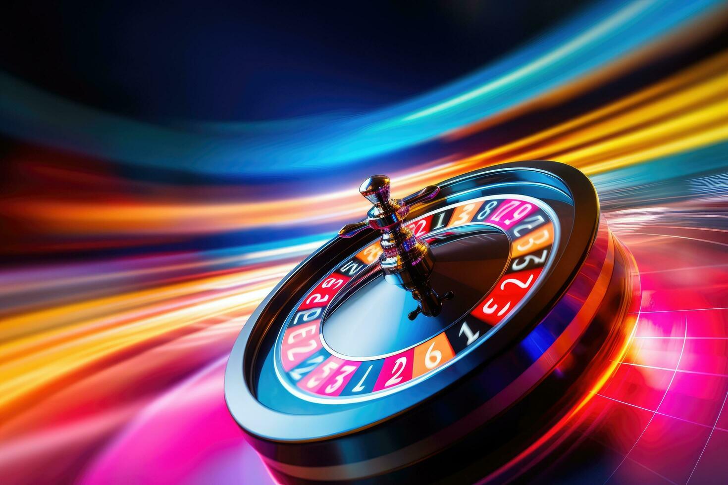 Kasino Roulette Rad auf bunt Hintergrund, 3d machen Illustration, Kasino Roulette Rad im Bewegung auf ein bunt Hintergrund, ai generiert foto