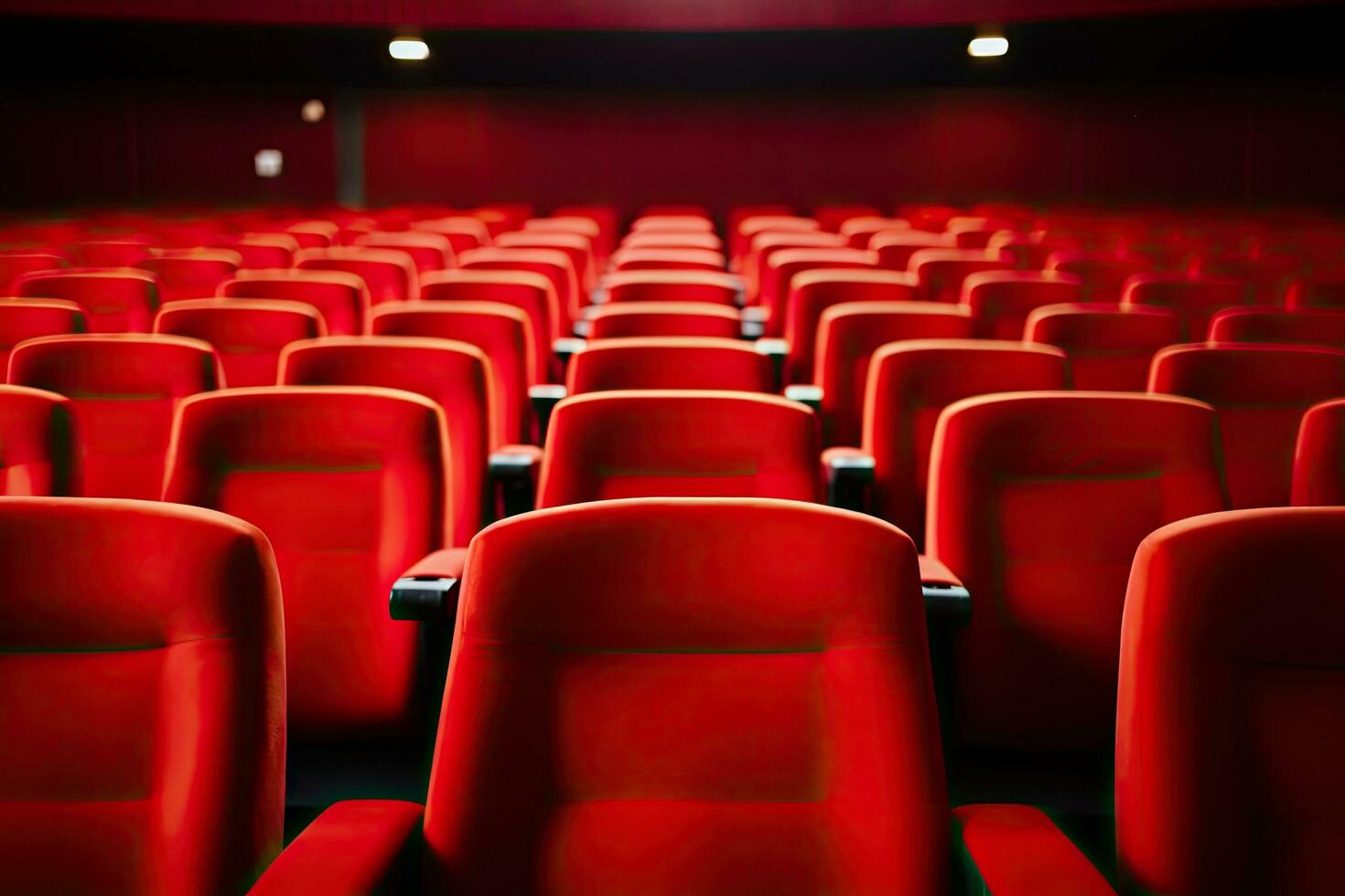 leeren Kino Auditorium mit rot Sitze und Beleuchtung. 3d Wiedergabe, hell leeren rot Sitze im Kino Reihen, ai generiert foto