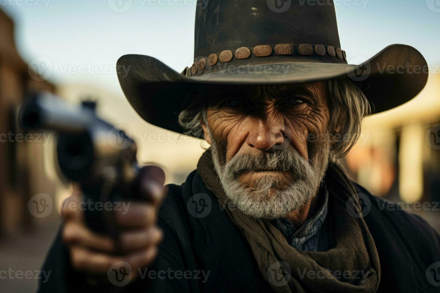 Vorderseite gegenüber Cowboy Gewehr gezeichnet bereitet vor zum wild Westen Stadt, Dorf Duell foto