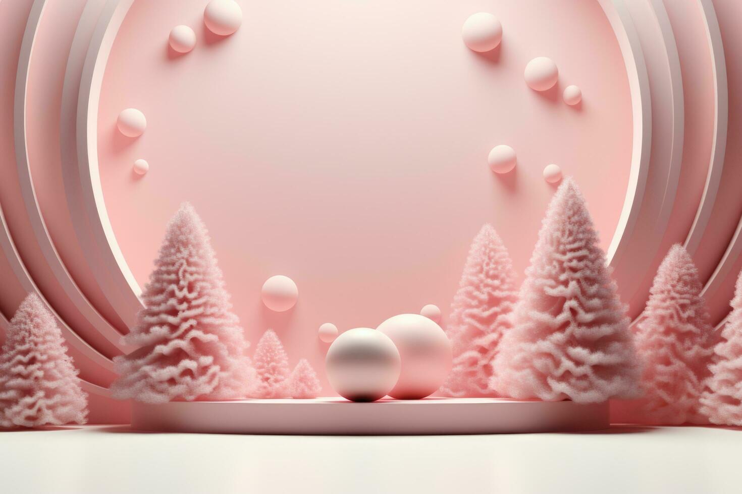 sanft Rosa Weihnachten abstrakt Hintergrund mit Tanne Bäume, Bälle und Podium. Rosa 3d Podium, Weihnachten Banner foto