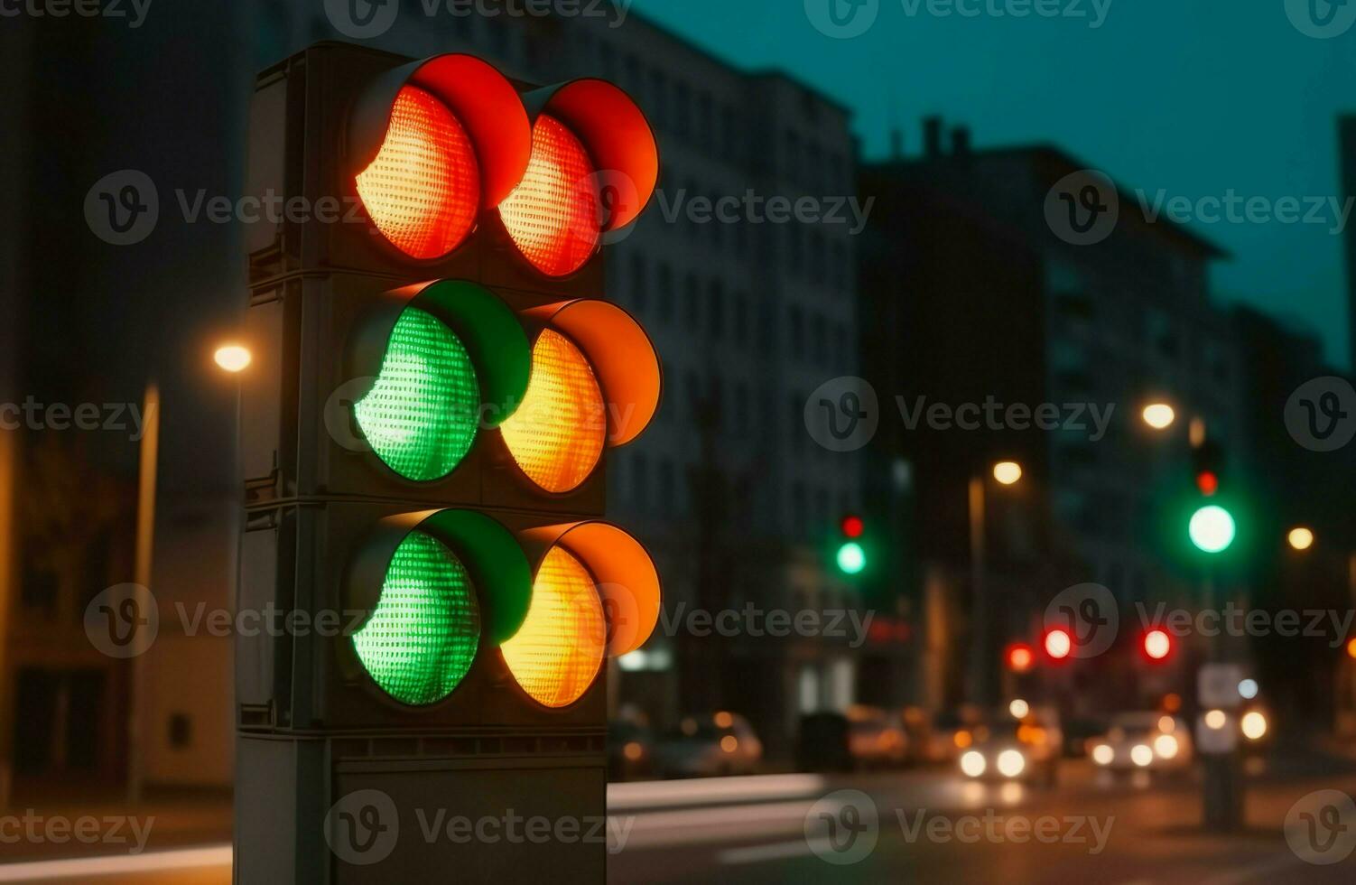 der Verkehr Beleuchtung Abend Geschwindigkeit. generieren ai foto