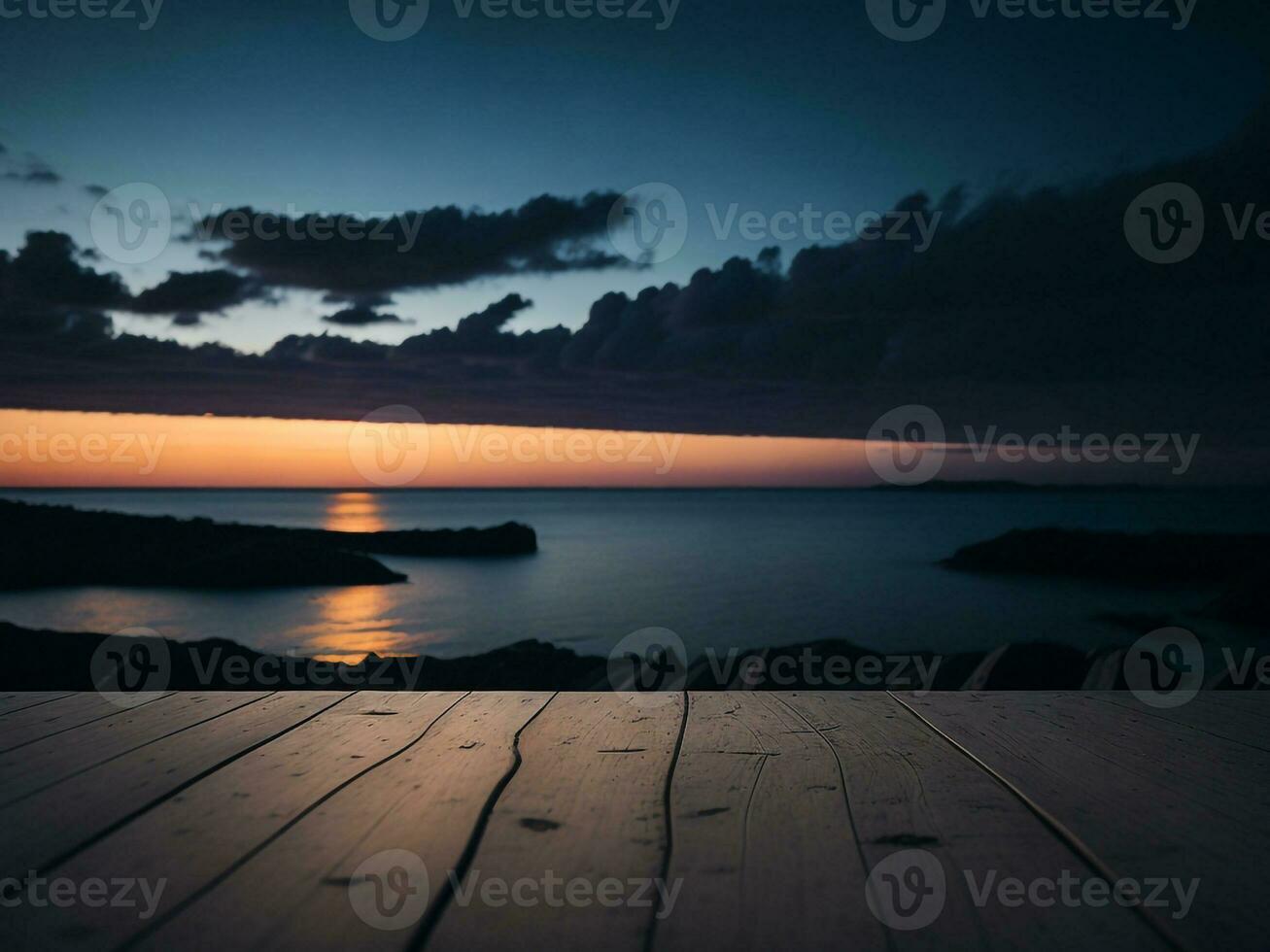 hölzern Tabelle und verwischen tropisch Strand Hintergrund, Produkt Anzeige Montage. hoch Qualität Foto 8 Tausend fhd ai generiert