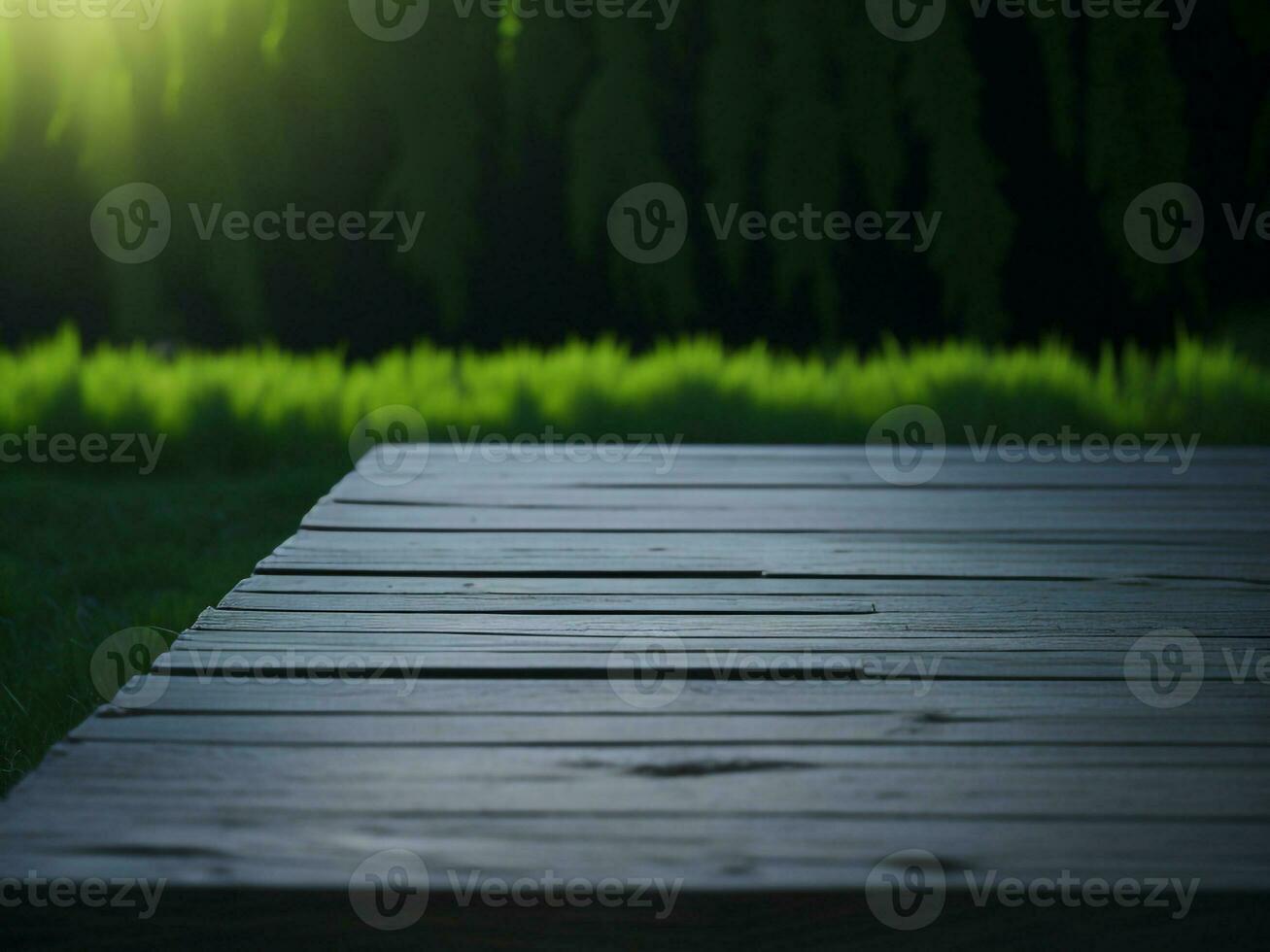 hölzern Tabelle und verwischen tropisch Grün Gras Hintergrund, Produkt Anzeige Montage. hoch Qualität Foto 8 Tausend fhd ai generiert