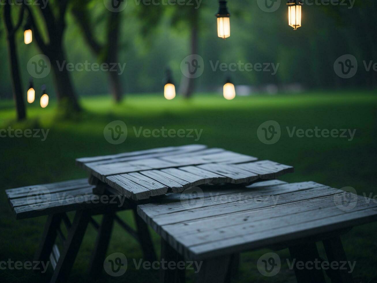 hölzern Tabelle und verwischen tropisch Grün Gras Hintergrund, Produkt Anzeige Montage. hoch Qualität Foto 8 Tausend fhd ai generiert