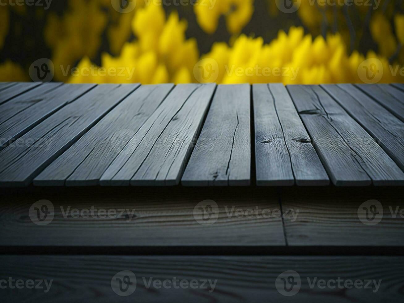 hölzern Tabelle und verwischen tropisch Gelb Farbe Hintergrund, Produkt Anzeige Montage. hoch Qualität Foto 8 Tausend fhd ai generiert