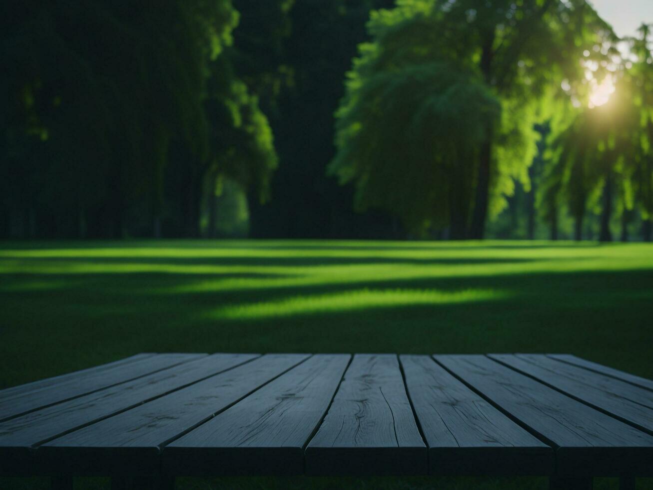 hölzern Tabelle und verwischen tropisch Grün Gras Hintergrund, Produkt Anzeige Montage. hoch Qualität Foto 8 Tausend fhd ai generiert