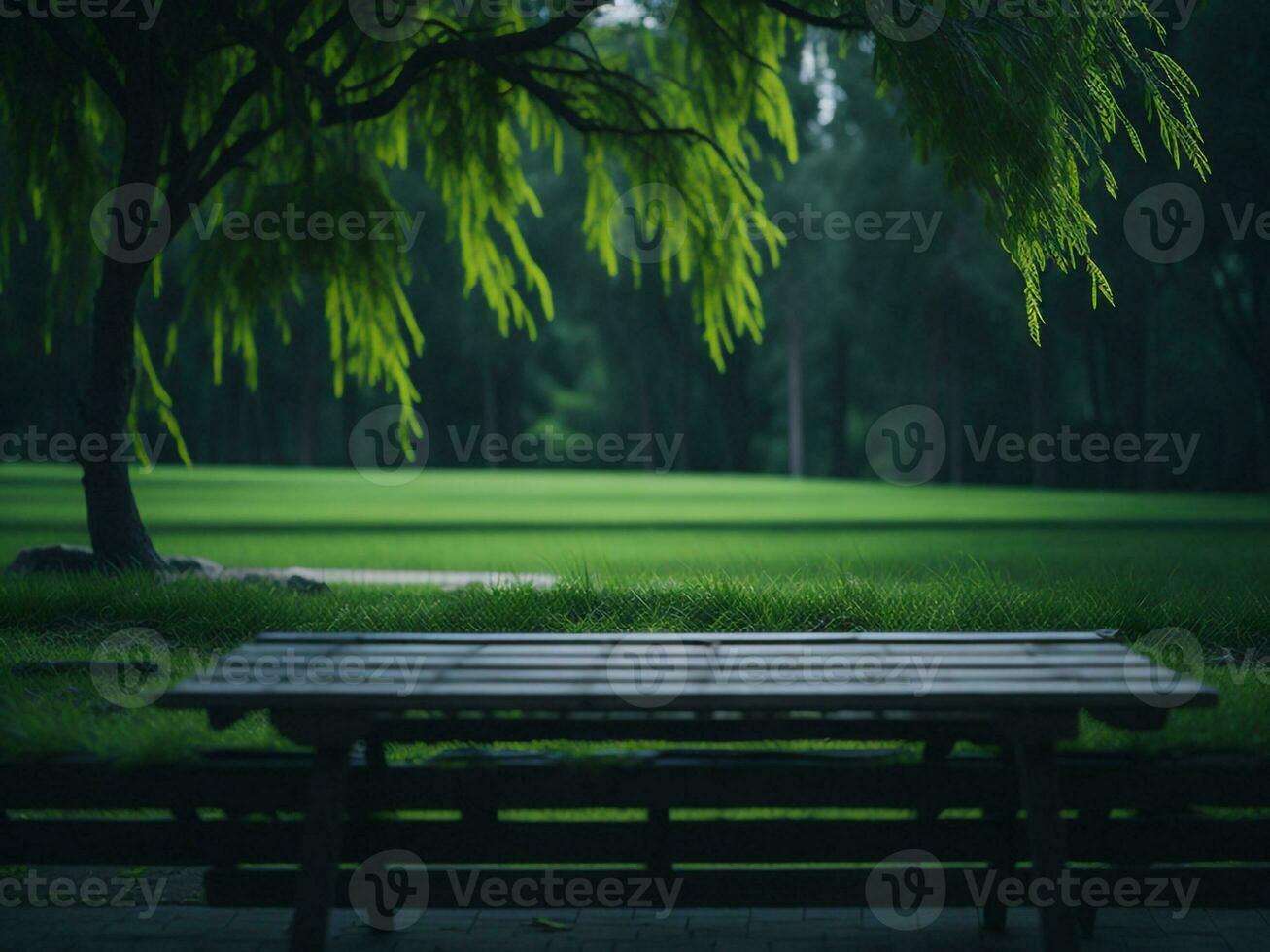 hölzern Tabelle und verwischen tropisch Grün Gras Hintergrund, Produkt Anzeige Montage. hoch Qualität Foto 8 Tausend fhd ai generiert